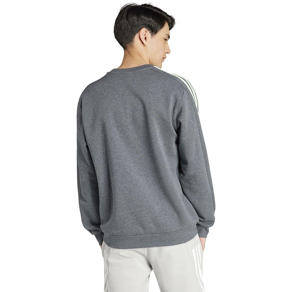adidas Essentials Fleece 3-Stripes Sweatshirt Sudadera, Dark Grey Heather/Semi Green Spark, M Men's