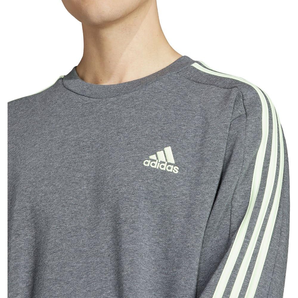 adidas Essentials Fleece 3-Stripes Sweatshirt Sudadera, Dark Grey Heather/Semi Green Spark, M Men's