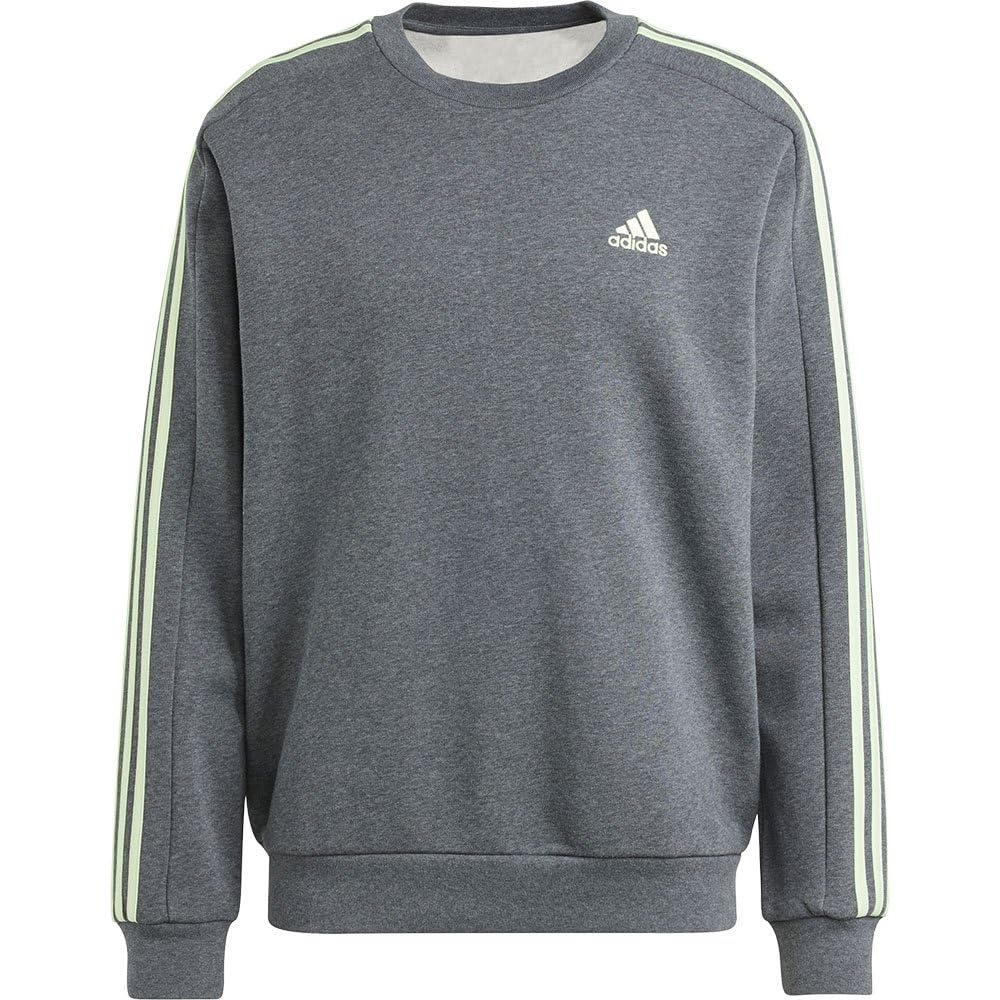 adidas Essentials Fleece 3-Stripes Sweatshirt Sudadera, Dark Grey Heather/Semi Green Spark, S Men's