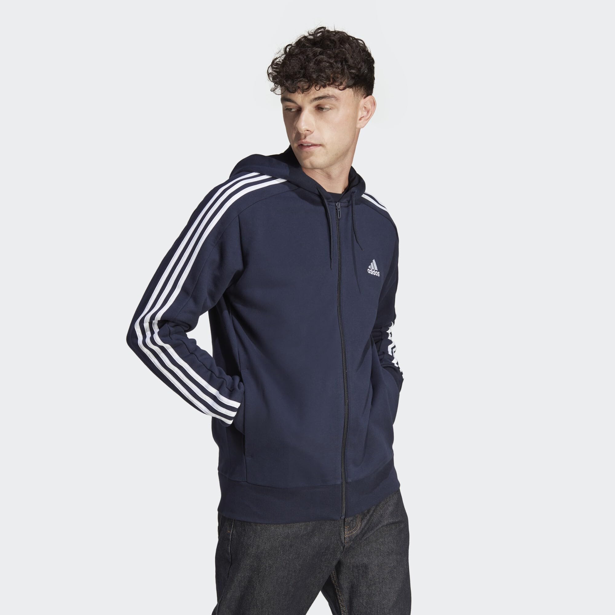 adidas Essentials French Terry 3-stripes Full-zip Hoodie Sudadera con capucha, Legend Ink/White, L Hombre