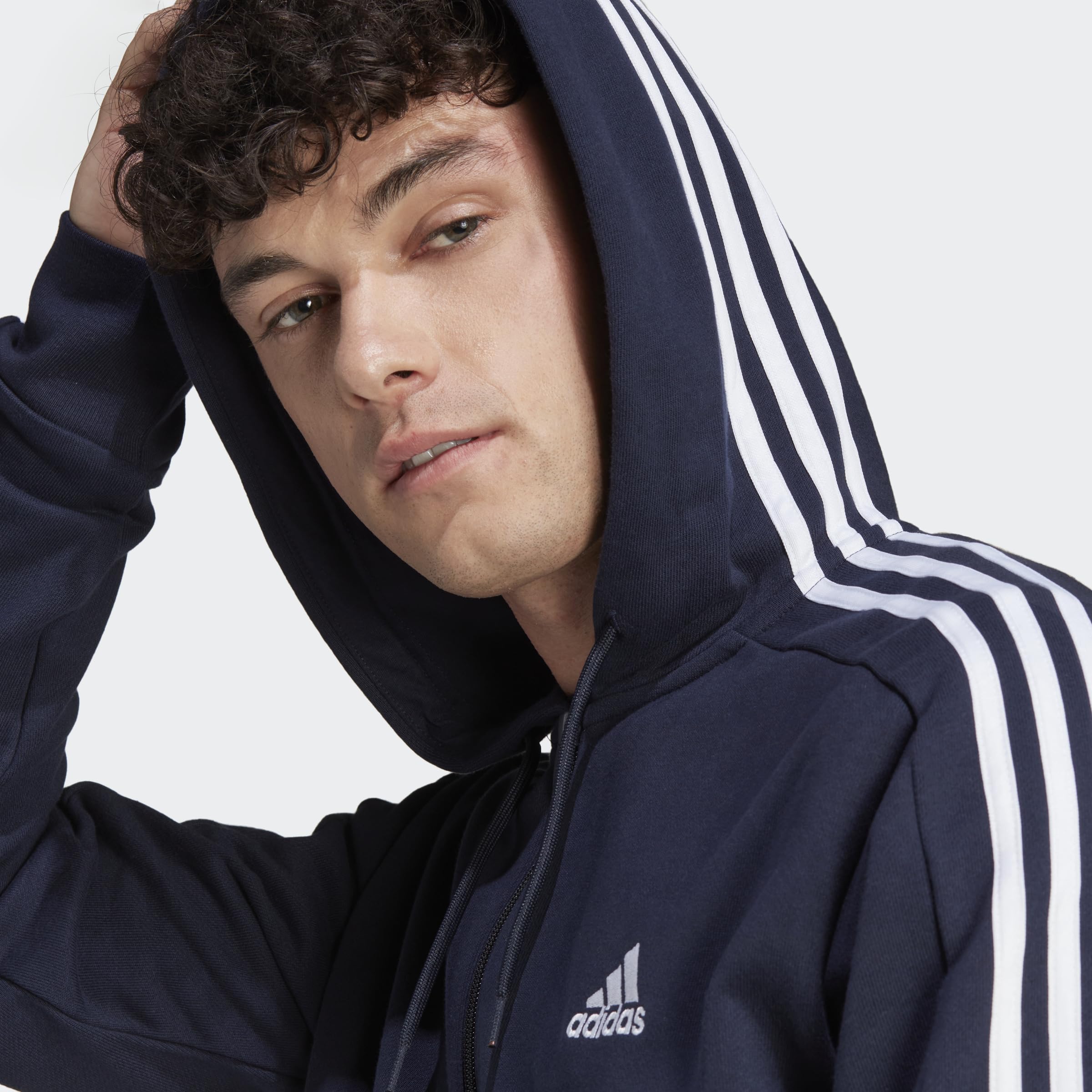 adidas Essentials French Terry 3-stripes Full-zip Hoodie Sudadera con capucha, Legend Ink/White, L Hombre