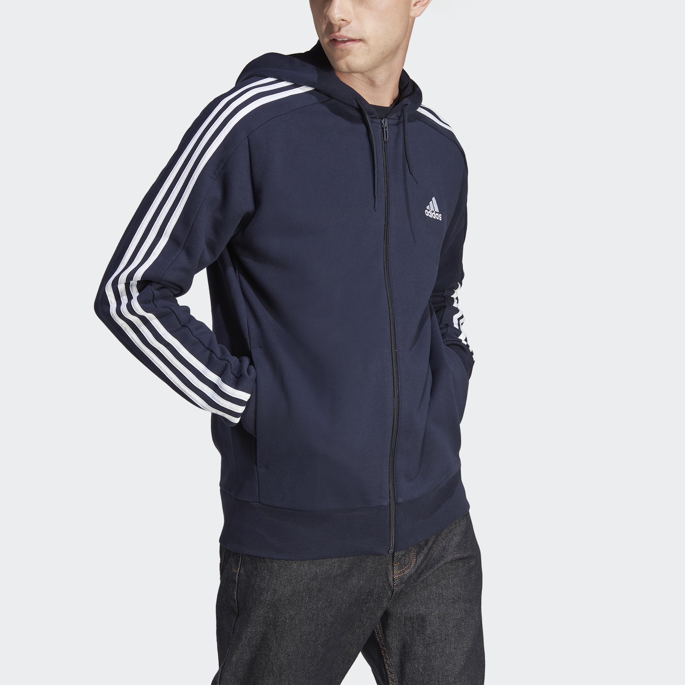 adidas Essentials French Terry 3-stripes Full-zip Hoodie Sudadera con capucha, Legend Ink/White, L Hombre