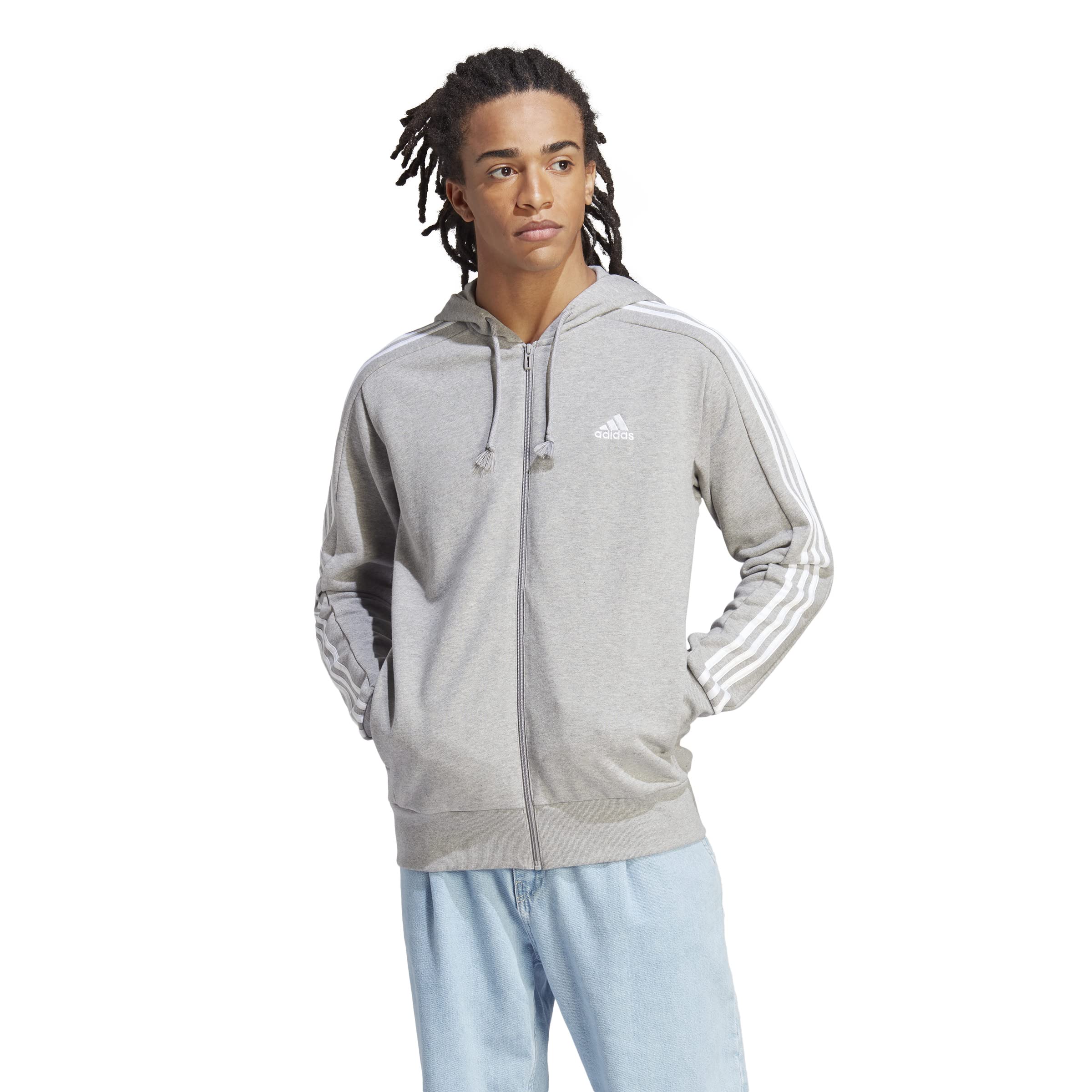 adidas Essentials French Terry 3-stripes Full-zip Hoodie Sudadera con capucha, Medium Grey Heather/White, L Hombre