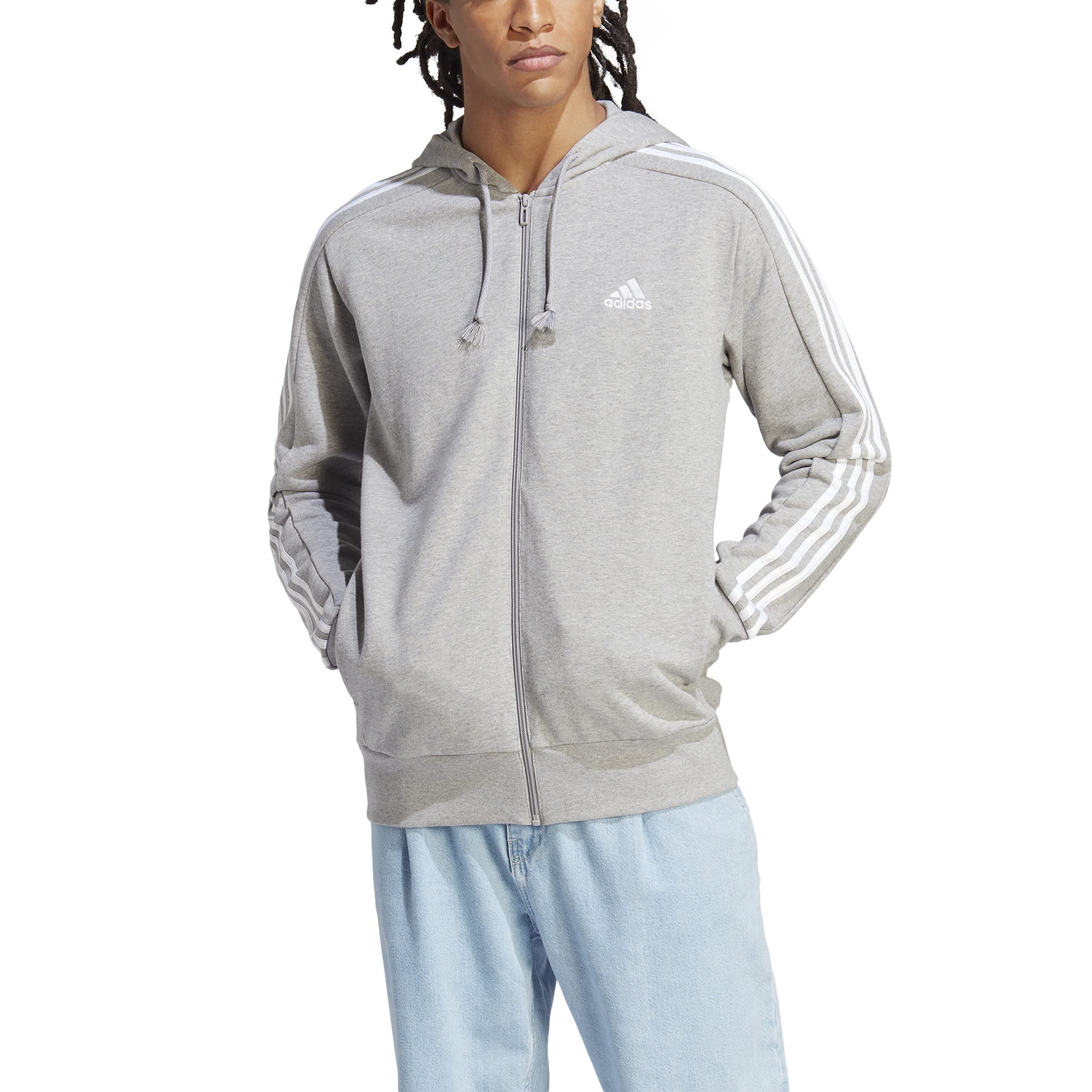 adidas Essentials French Terry 3-stripes Full-zip Hoodie Sudadera con capucha, Medium Grey Heather/White, L Hombre