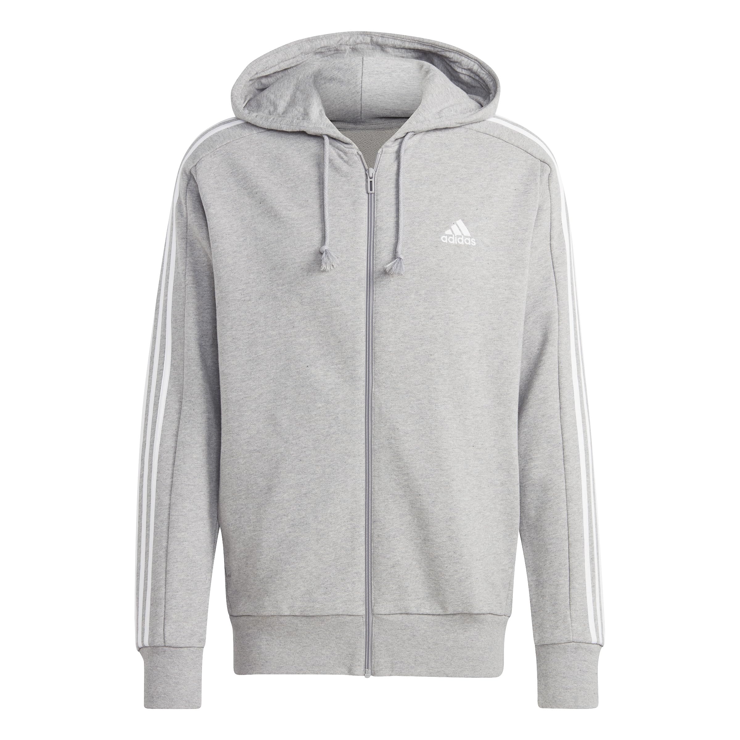 adidas Essentials French Terry 3-stripes Full-zip Hoodie Sudadera con capucha, Medium Grey Heather/White, M Hombre