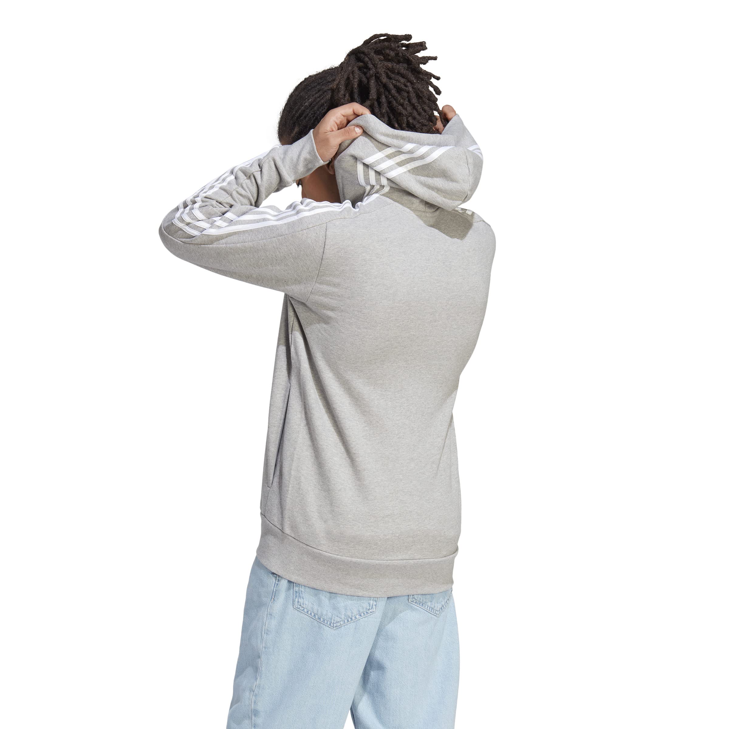 adidas Essentials French Terry 3-stripes Full-zip Hoodie Sudadera con capucha, Medium Grey Heather/White, S Hombre