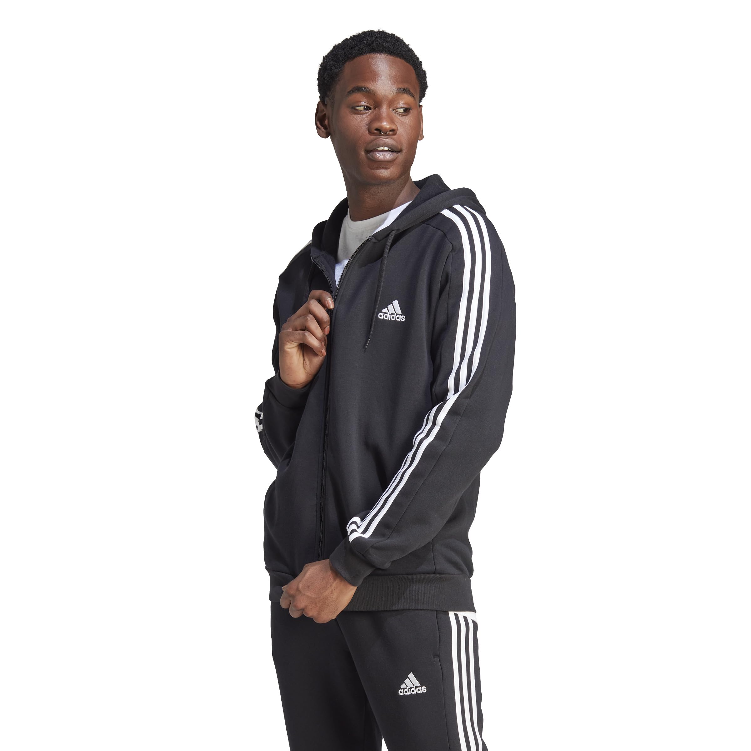 adidas Hombre Essentials Fleece 3-Stripes Full-Zip Hoodie, Black/White, XL