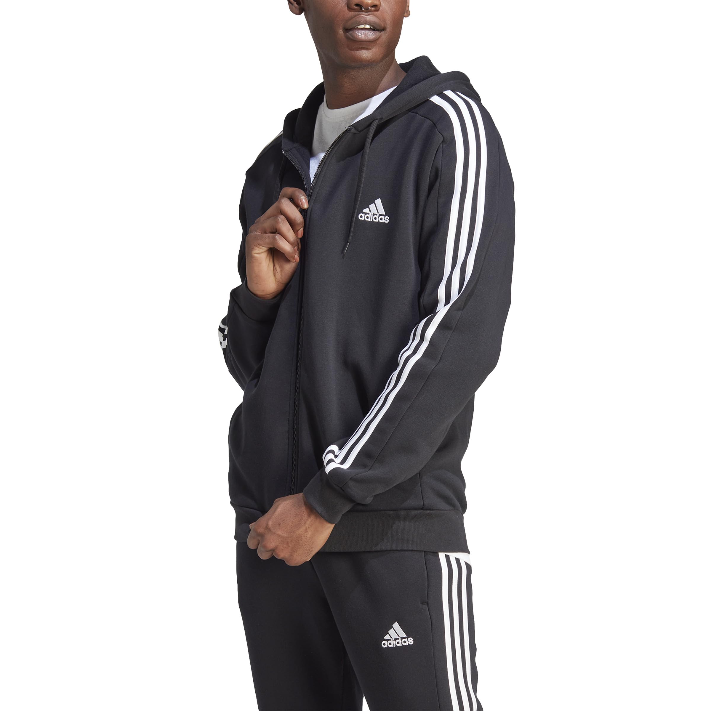 adidas Hombre Essentials Fleece 3-Stripes Full-Zip Hoodie, Black/White, XL