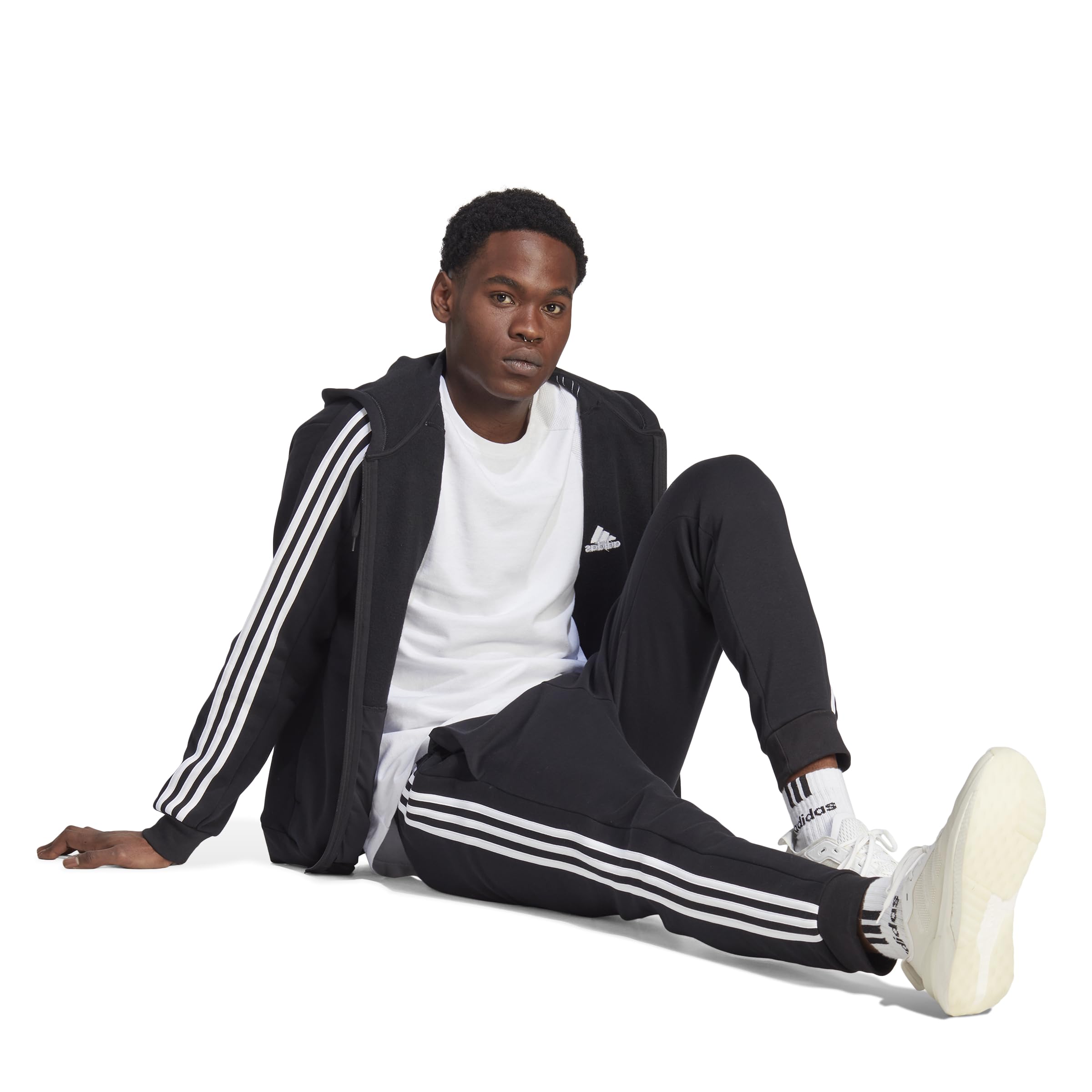 adidas Hombre Essentials Fleece 3-Stripes Full-Zip Hoodie, Black/White, XL