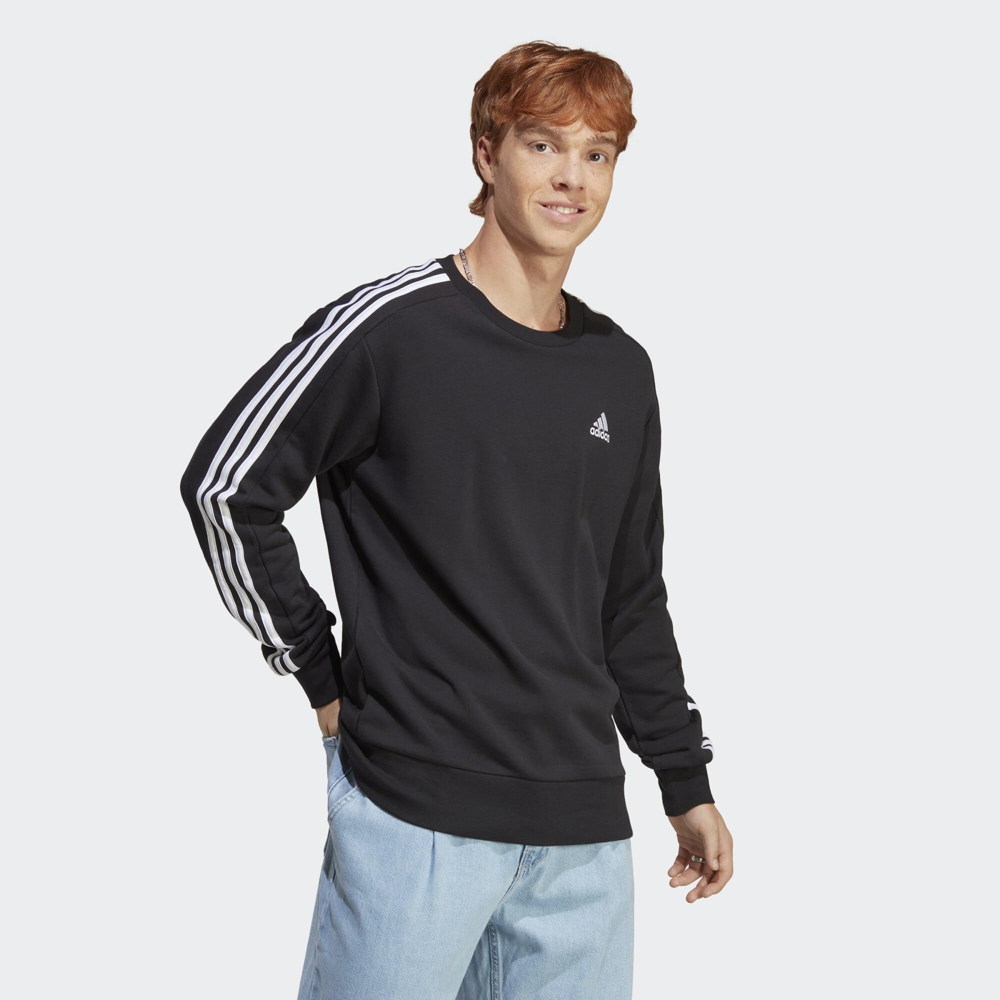 adidas Hombre Essentials French Terry 3-Stripes Sweatshirt, Black, M Tall