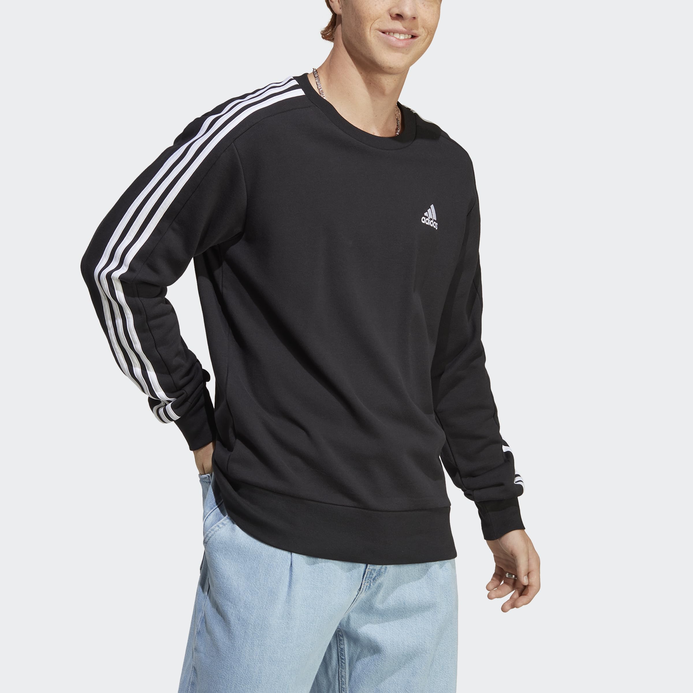adidas Hombre Essentials French Terry 3-Stripes Sweatshirt, Black, M Tall
